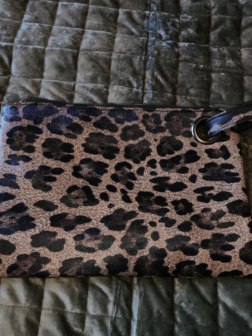 Leopard Print Wristlet Clutch in Black and Taupe